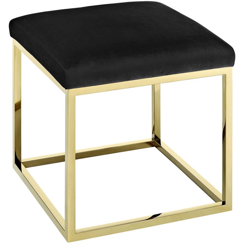 Pemberly Row Velvet & Stainless Steel Ottoman in Gold and Black
