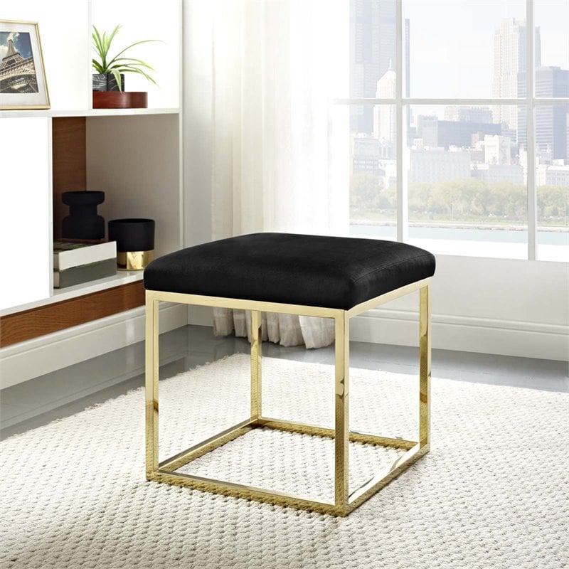 Pemberly Row Velvet & Stainless Steel Ottoman in Gold and Black