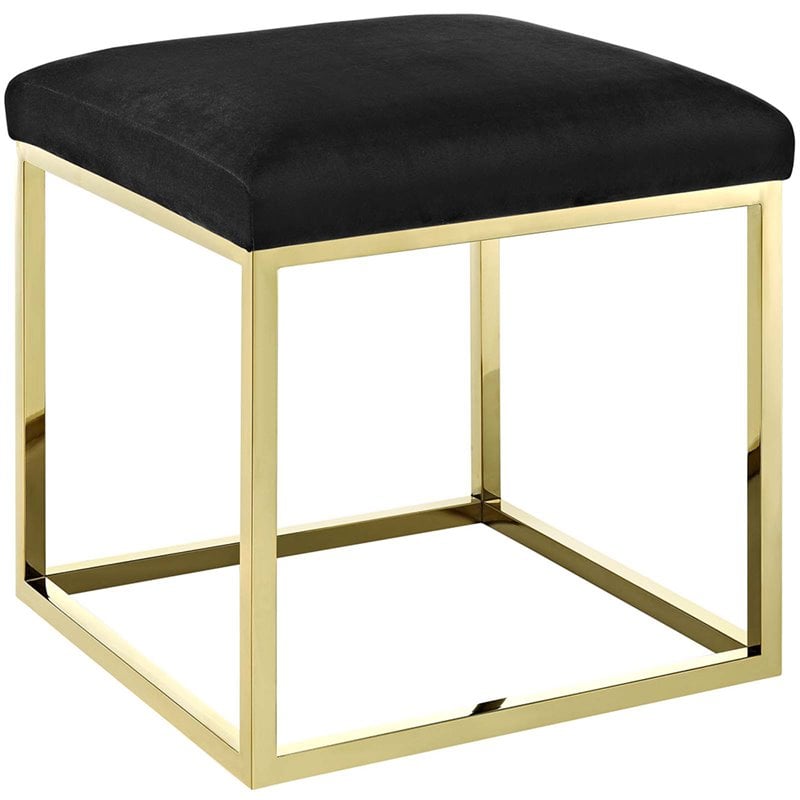 Pemberly Row Velvet & Stainless Steel Ottoman in Gold and Black