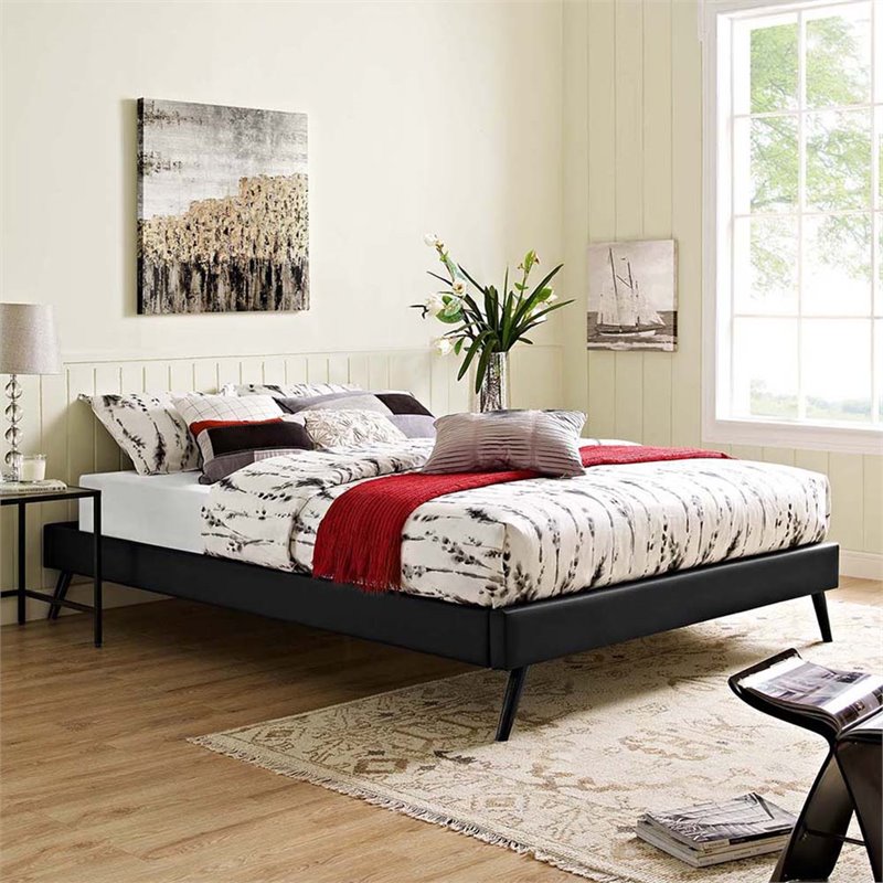 Pemberly Row Queen Vinyl Bed Frame with Splayed Wood Legs in Black