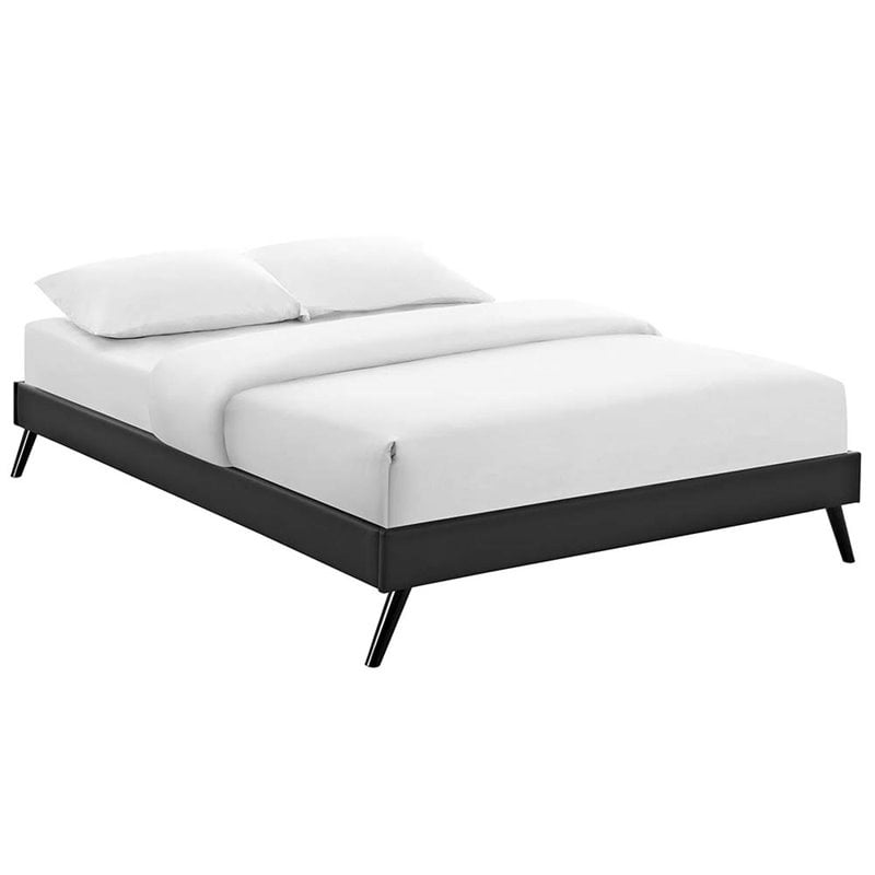 Pemberly Row Queen Vinyl Bed Frame with Splayed Wood Legs in Black
