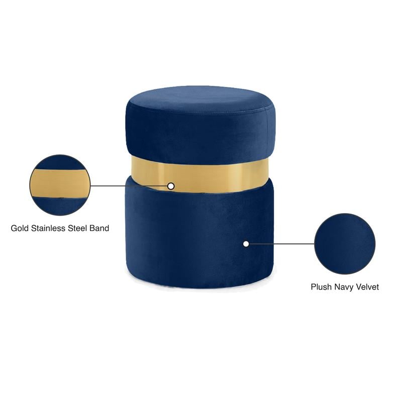 Pemberly Row Velvet Ottoman/Stool in Navy with Gold Stainless Steel Band