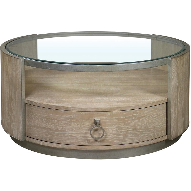 Pemberly Row Round Wood Coffee Table in Natural with Glass Top