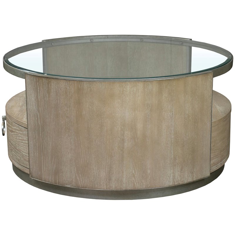 Pemberly Row Round Wood Coffee Table in Natural with Glass Top