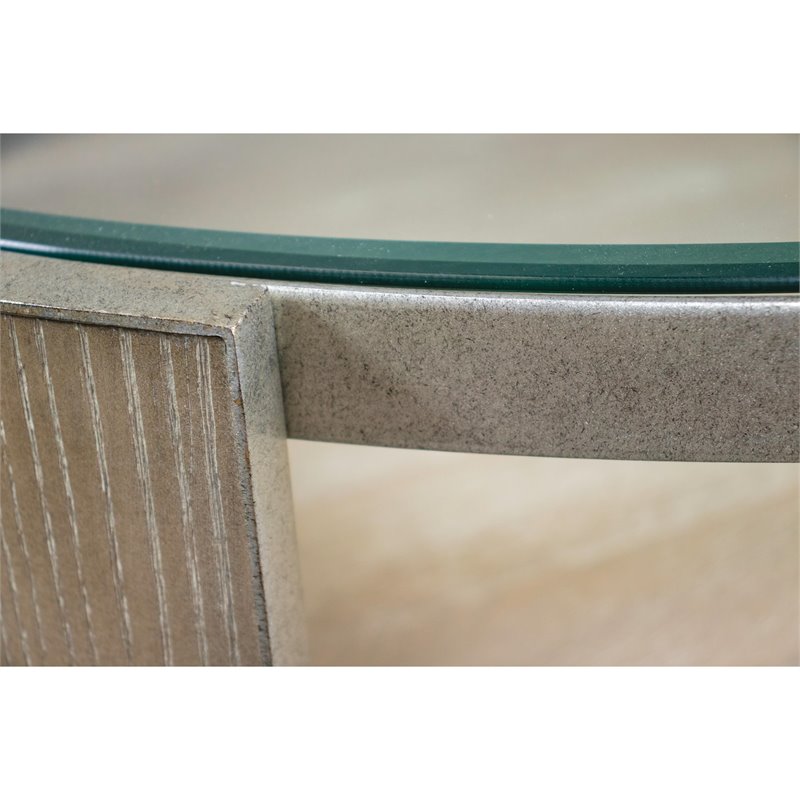 Pemberly Row Round Wood Coffee Table in Natural with Glass Top