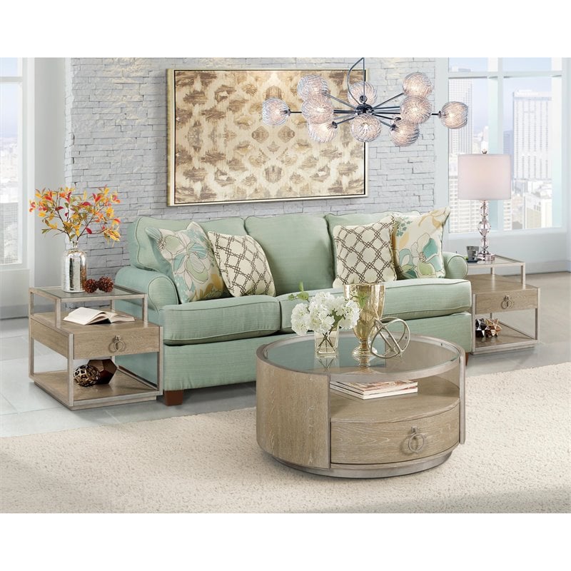Pemberly Row Round Wood Coffee Table in Natural with Glass Top