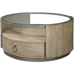 Pemberly Row Round Wood Coffee Table in Natural with Glass Top