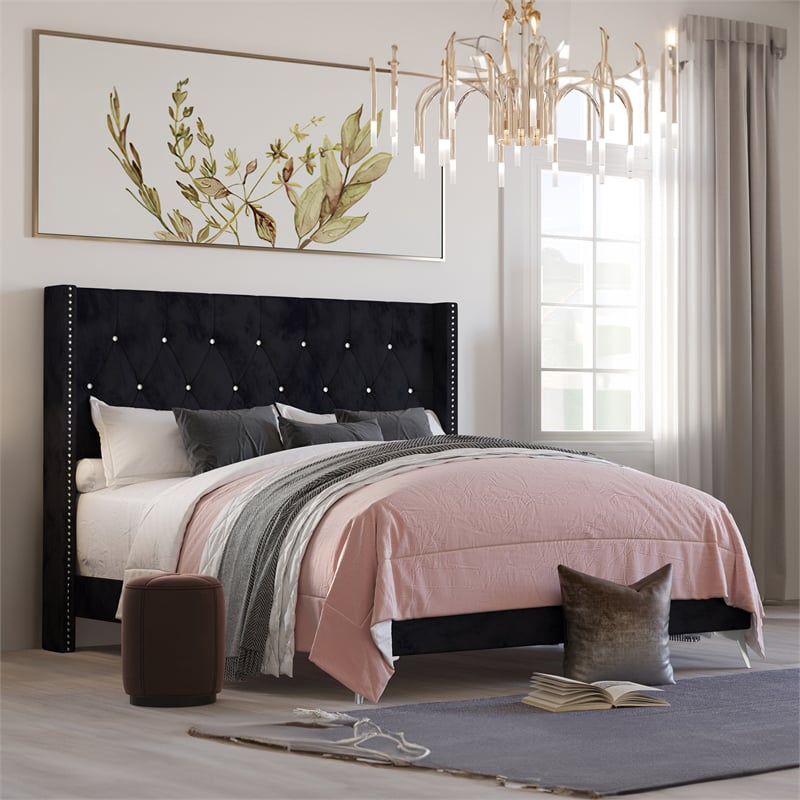 Pemberly Row Solid Wood Queen Panel Bed in Black