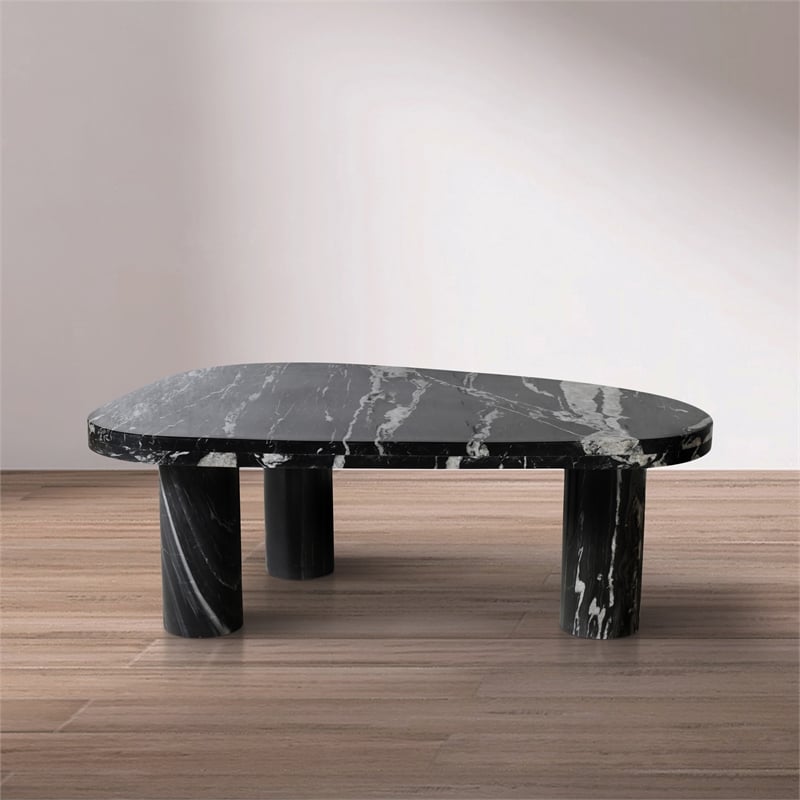 Pemberly Row Black Genuine Marble Coffee Table with Geometric Design