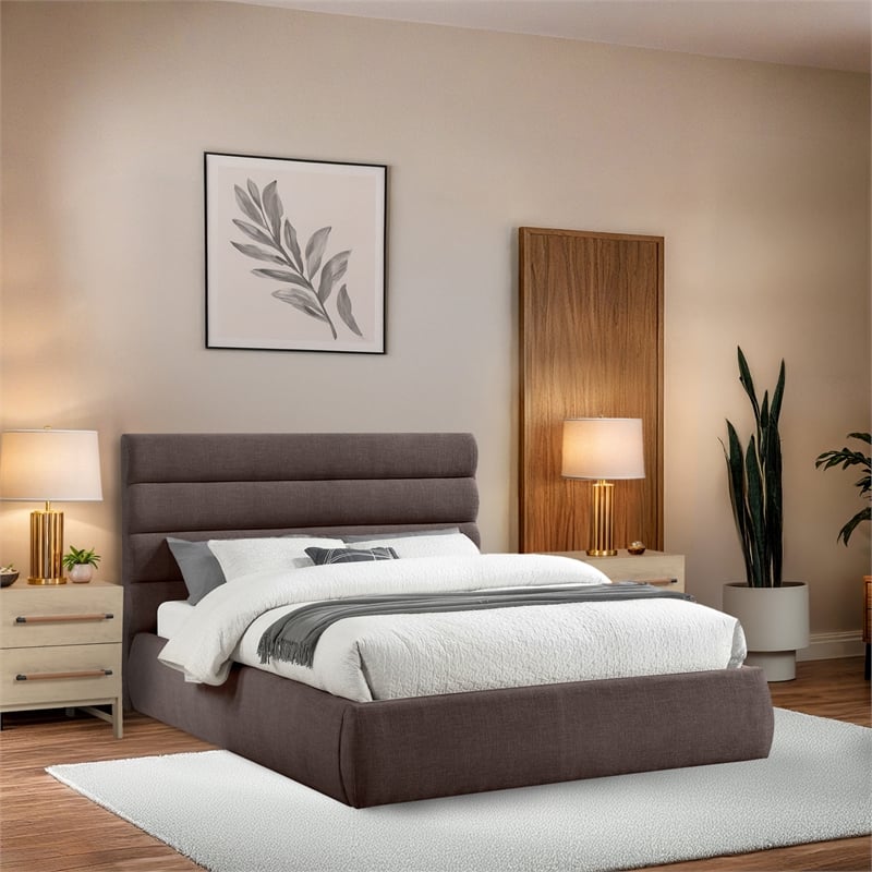 Pemberly Row Brown Linen Textured Fabric Queen Bed with Adjustable Headboard