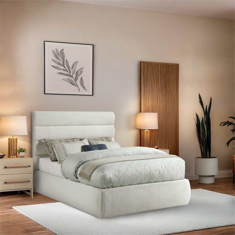 Pemberly Row Cream Linen Textured Fabric Full Bed with Adjustable Headboard