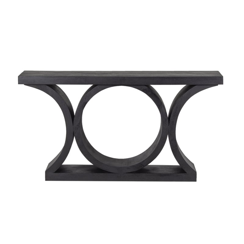 Pemberly Row Mango Wood Console Table in Black Finish with Geometric Base