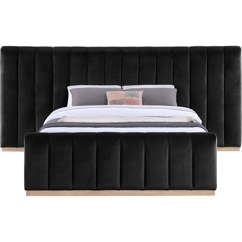 Pemberly Row Velvet Upholstered Queen Bed in Black with Wood Base