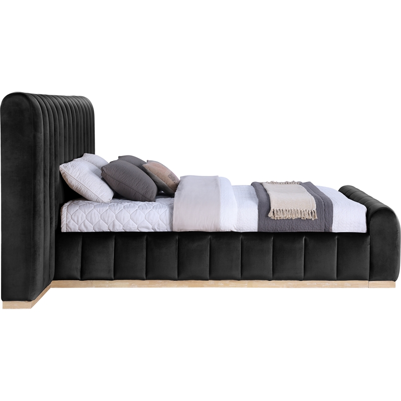 Pemberly Row Velvet Upholstered Queen Bed in Black with Wood Base
