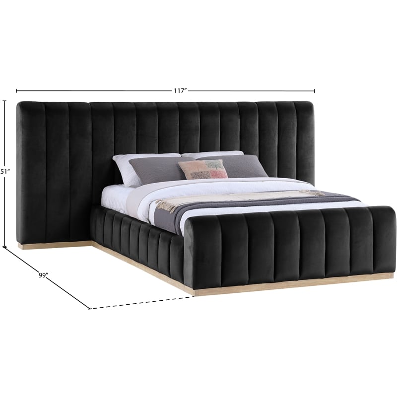 Pemberly Row Velvet Upholstered Queen Bed in Black with Wood Base