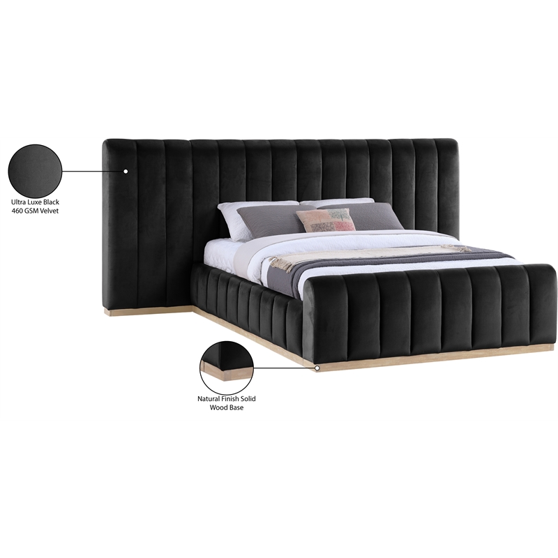 Pemberly Row Velvet Upholstered Queen Bed in Black with Wood Base