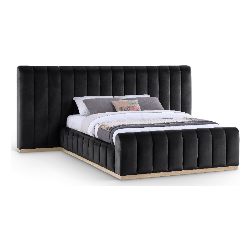 Pemberly Row Velvet Upholstered Queen Bed in Black with Wood Base
