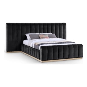 Pemberly Row Velvet Upholstered Queen Bed in Black with Wood Base