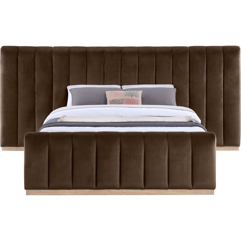 Pemberly Row Velvet Upholstered Queen Bed in Brown with Wood Base