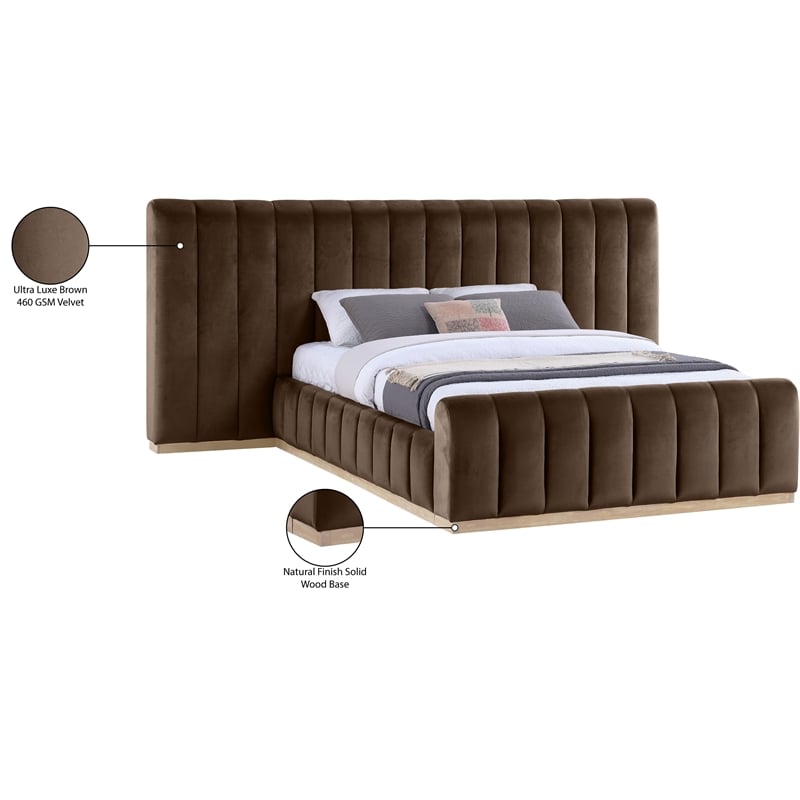 Pemberly Row Velvet Upholstered Queen Bed in Brown with Wood Base