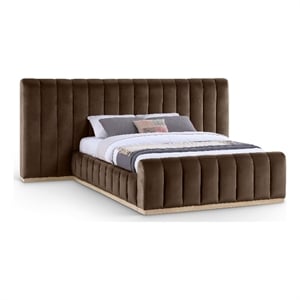 Pemberly Row Velvet Upholstered Queen Bed in Brown with Wood Base