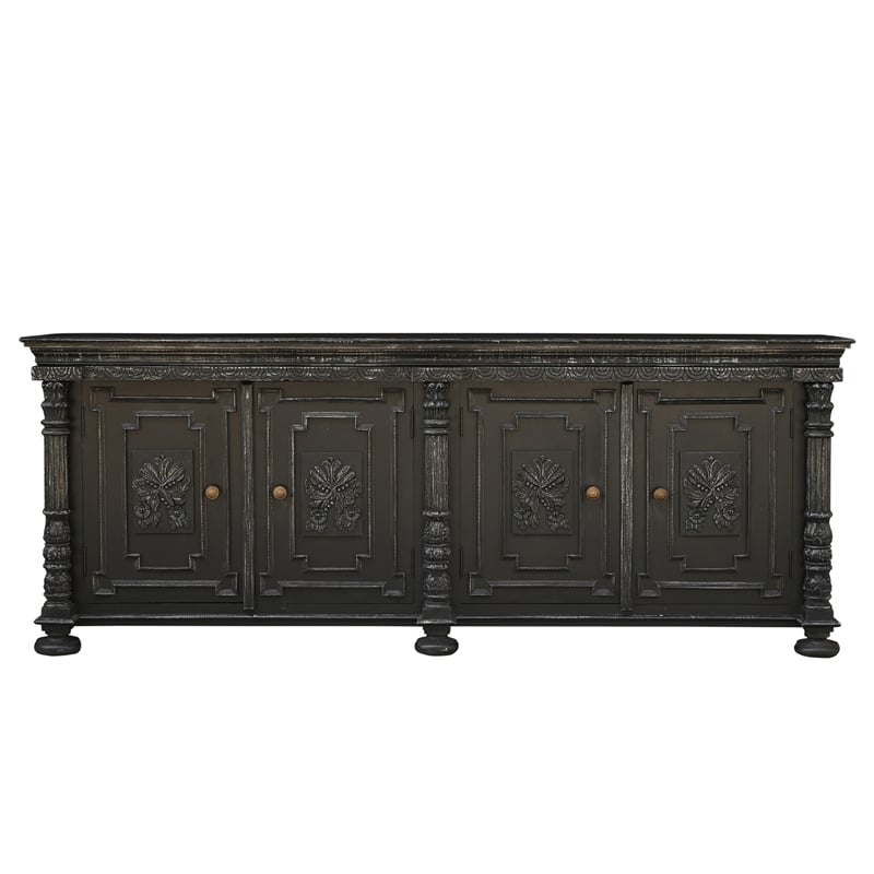 Pemberly Row Black Solid Wood Sideboard with 4 Doors and Carved Details