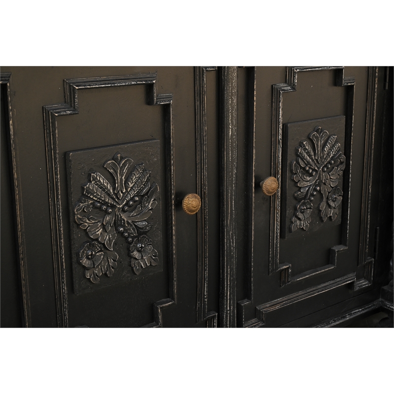 Pemberly Row Black Solid Wood Sideboard with 4 Doors and Carved Details