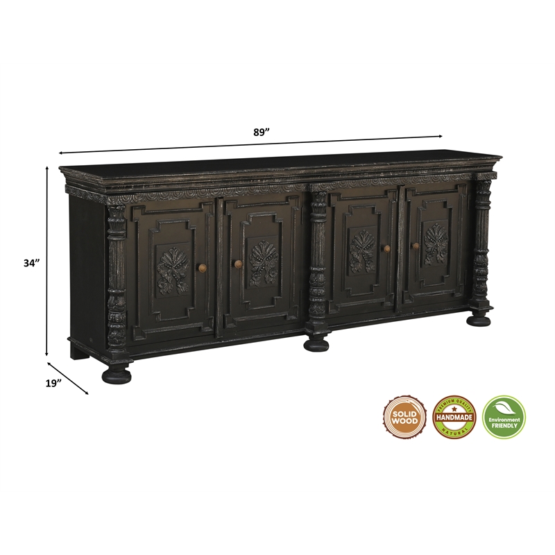 Pemberly Row Black Solid Wood Sideboard with 4 Doors and Carved Details