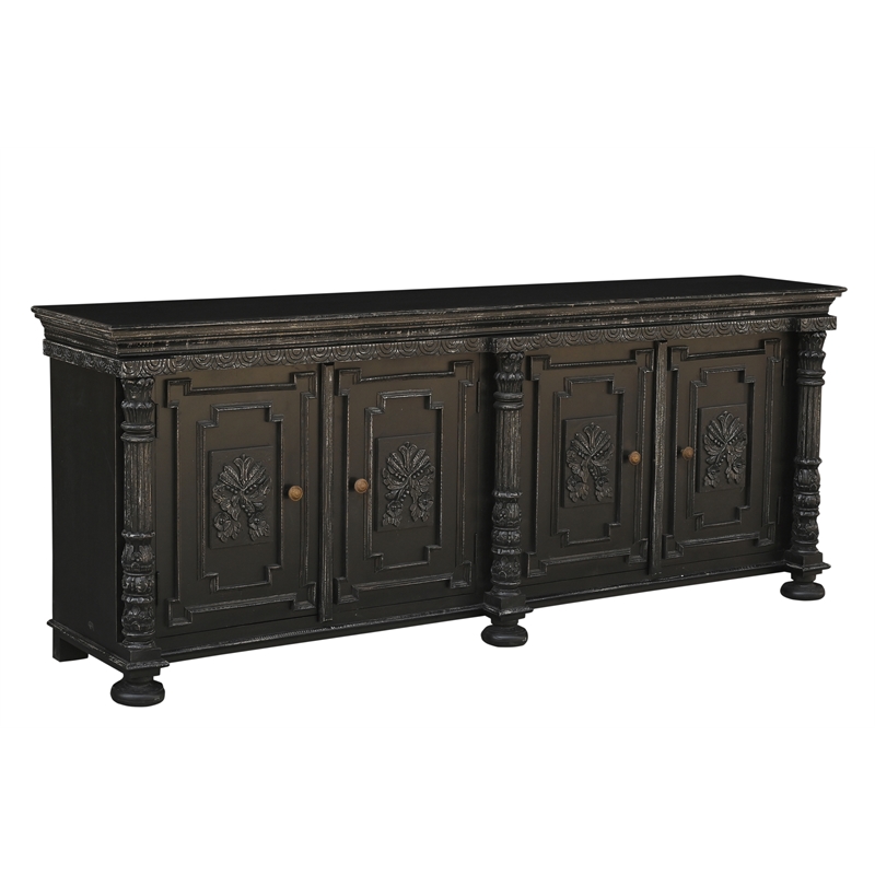 Pemberly Row Black Solid Wood Sideboard with 4 Doors and Carved Details