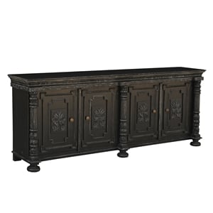 Pemberly Row Black Solid Wood Sideboard with 4 Doors and Carved Details