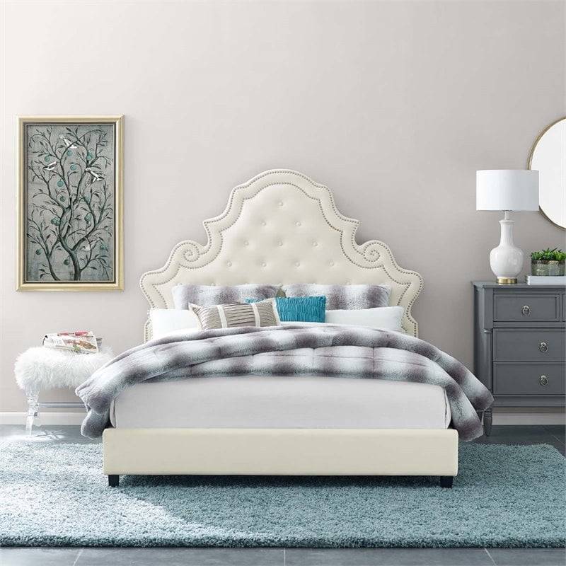 Pemberly Row Tufted Nailhead Velvet Queen Platform Bed in Ivory