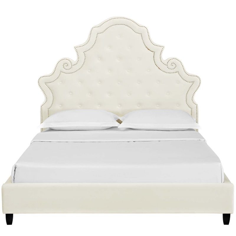 Pemberly Row Tufted Nailhead Velvet Queen Platform Bed in Ivory