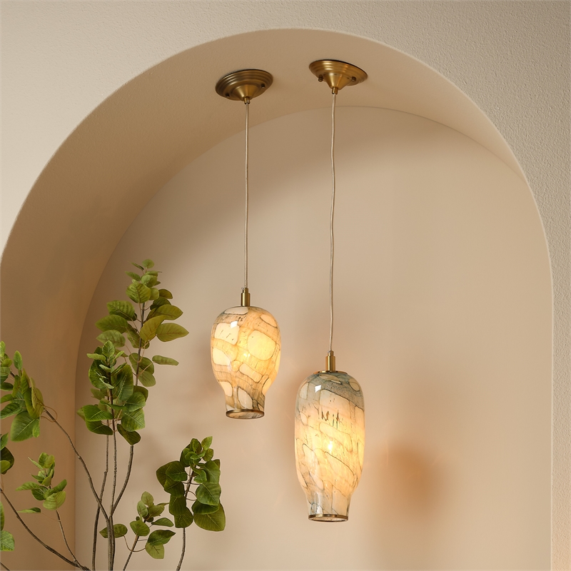 Pemberly Row Coastal Glass Pendant in Pale Blue with Antique Brass Finish