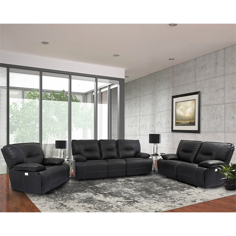 Pemberly Row Fabric Power Recliner with USB Charging in Black Textile
