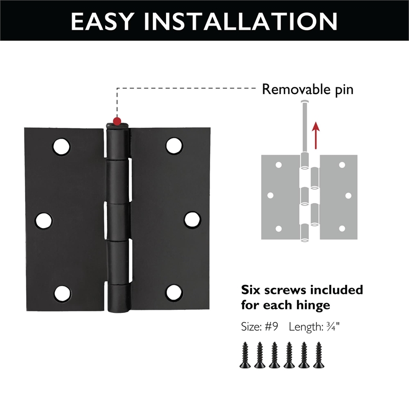 Pemberly Row 3-Pack 3.5 in Square Corner Steel Door Hinges in Black