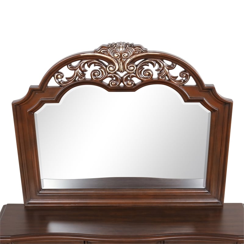 Pemberly Row Wood Framed Mirror in Cherry Finish with Gold Accents