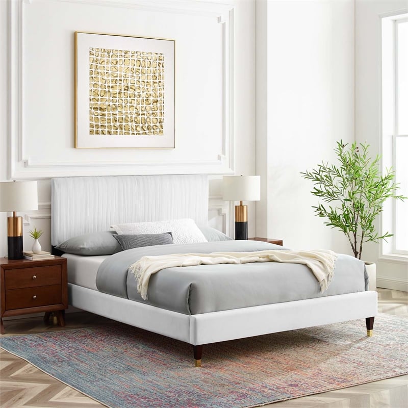 Pemberly Row Channel Tufted Velvet Queen Platform Bed with Gold Sleeves