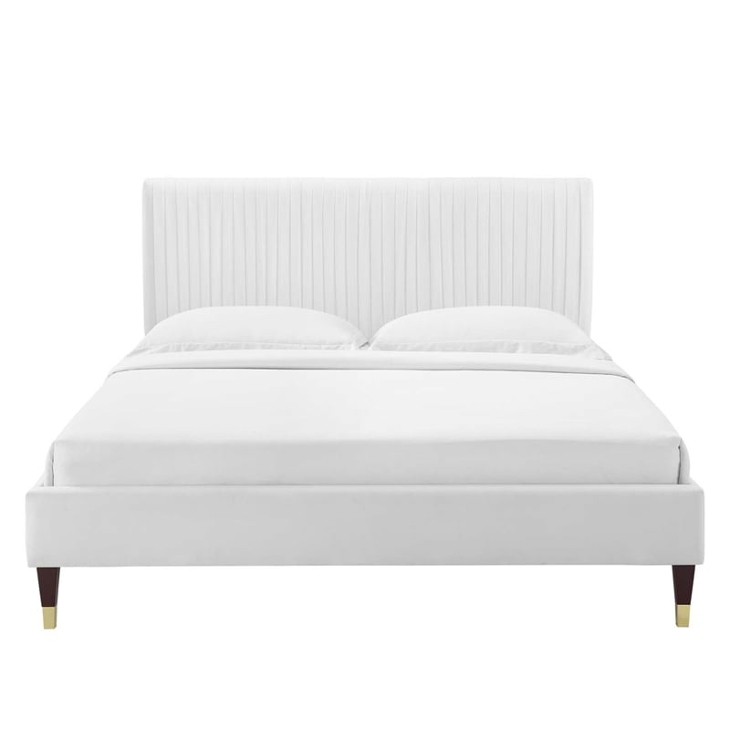 Pemberly Row Channel Tufted Velvet Queen Platform Bed with Gold Sleeves