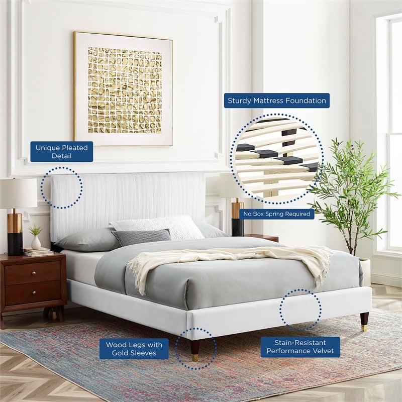 Pemberly Row Channel Tufted Velvet Queen Platform Bed with Gold Sleeves