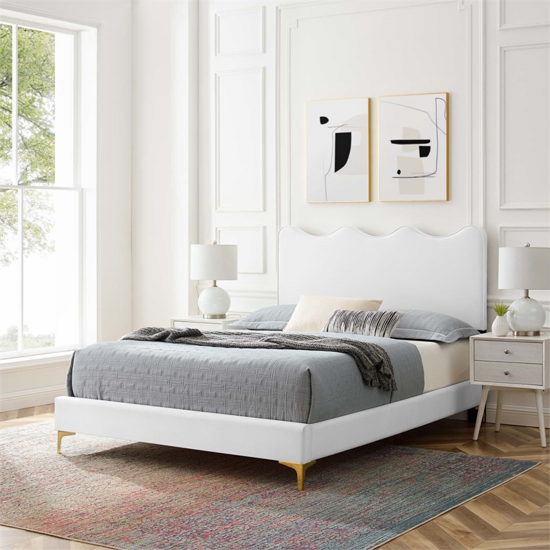Pemberly Row Modern Full Platform Bed in White Performance Velvet