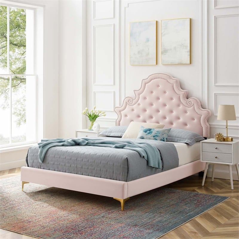 Pemberly Row Tufted Performance Velvet Queen Platform Bed - Pink