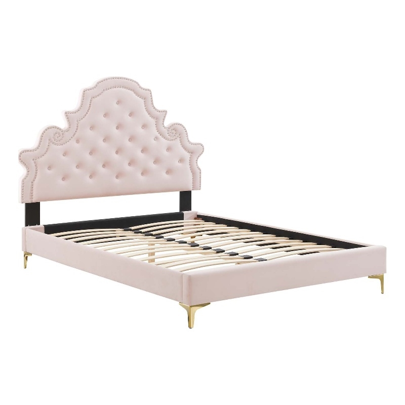 Pemberly Row Tufted Performance Velvet Queen Platform Bed - Pink