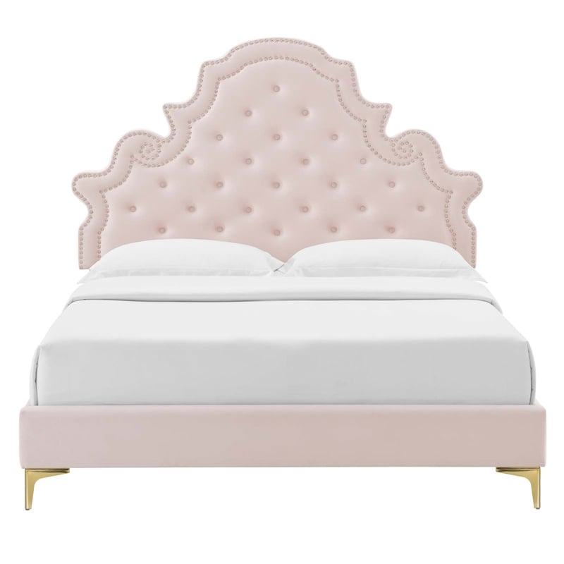 Pemberly Row Tufted Performance Velvet Queen Platform Bed - Pink
