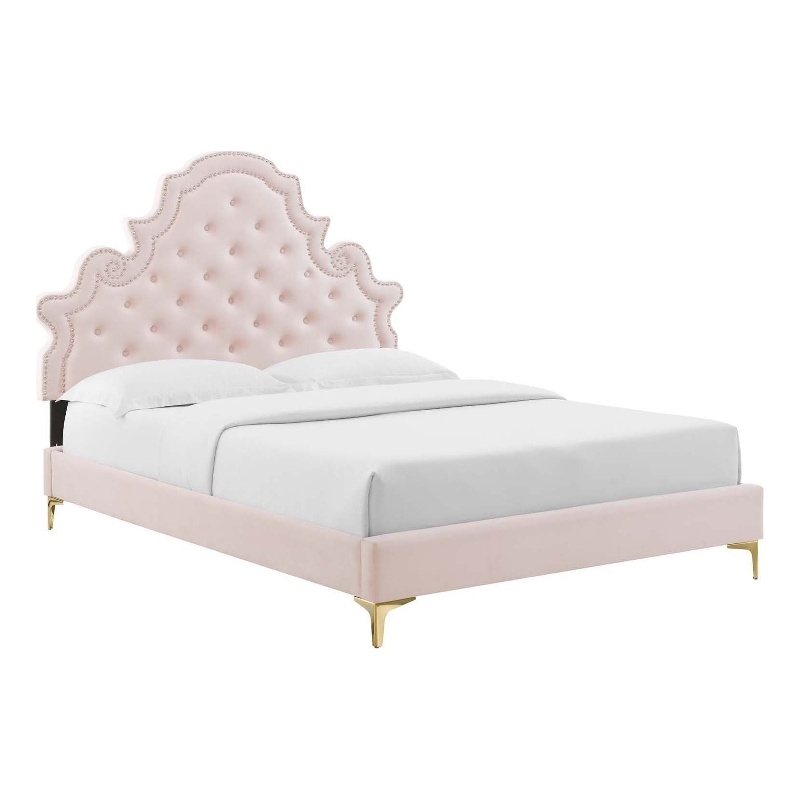 Pemberly Row Tufted Performance Velvet Queen Platform Bed - Pink