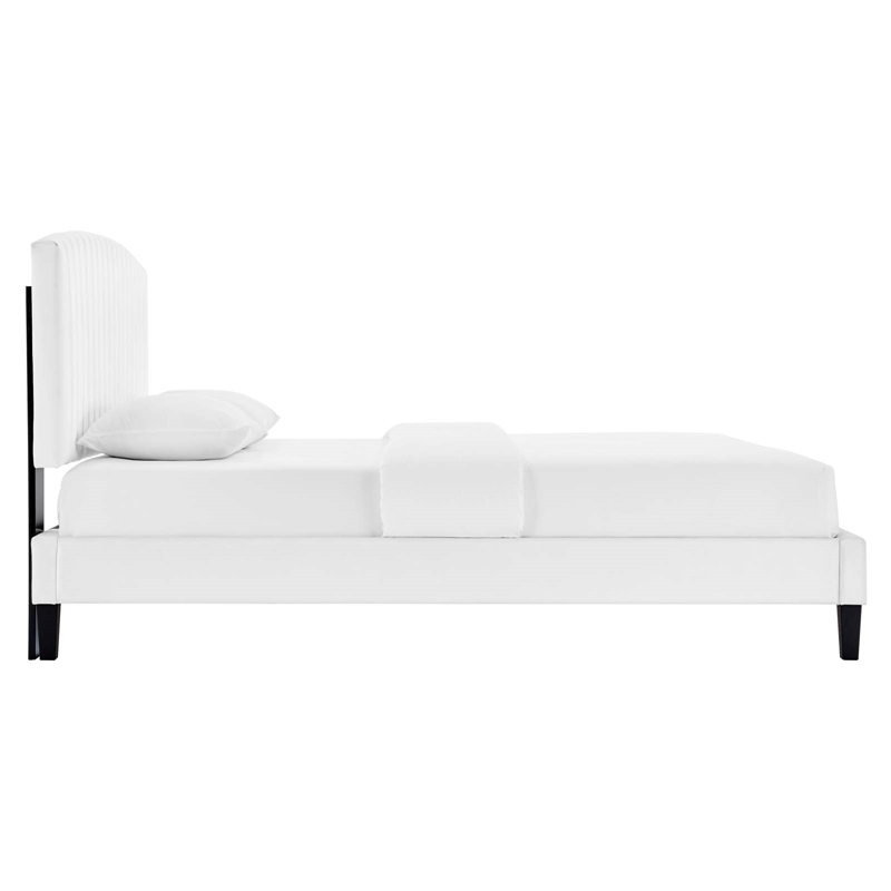Pemberly Row Full Platform Bed with Channel Tufted Velvet in White