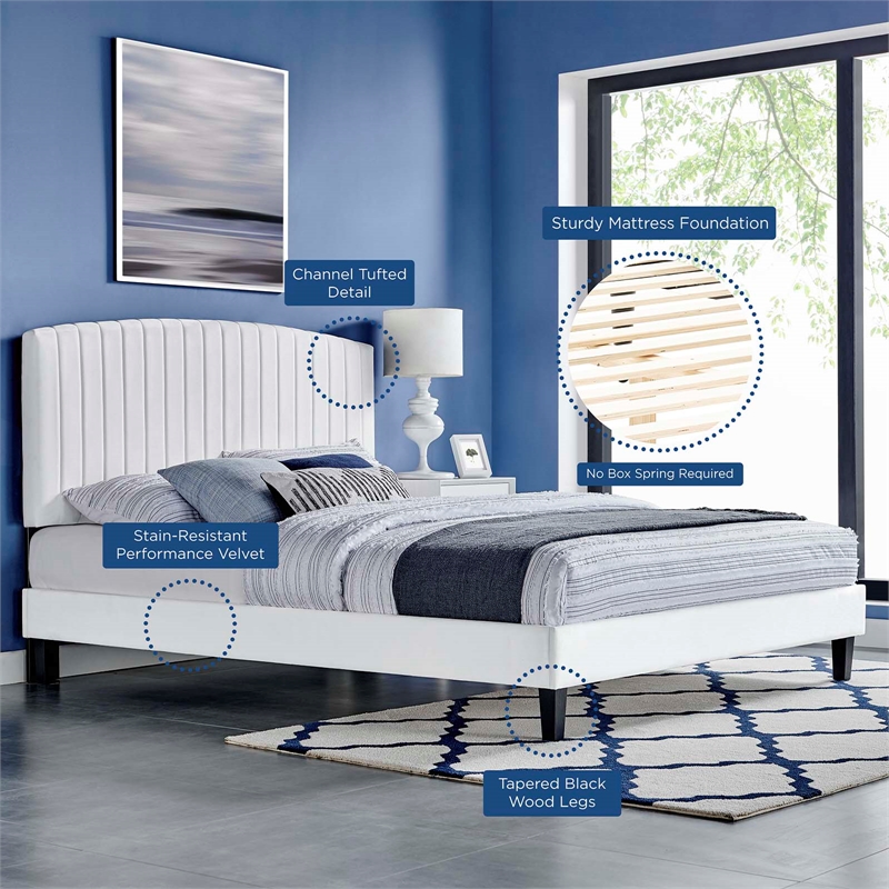 Pemberly Row Full Platform Bed with Channel Tufted Velvet in White