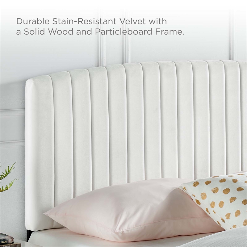 Pemberly Row Full Platform Bed with Channel Tufted Velvet in White