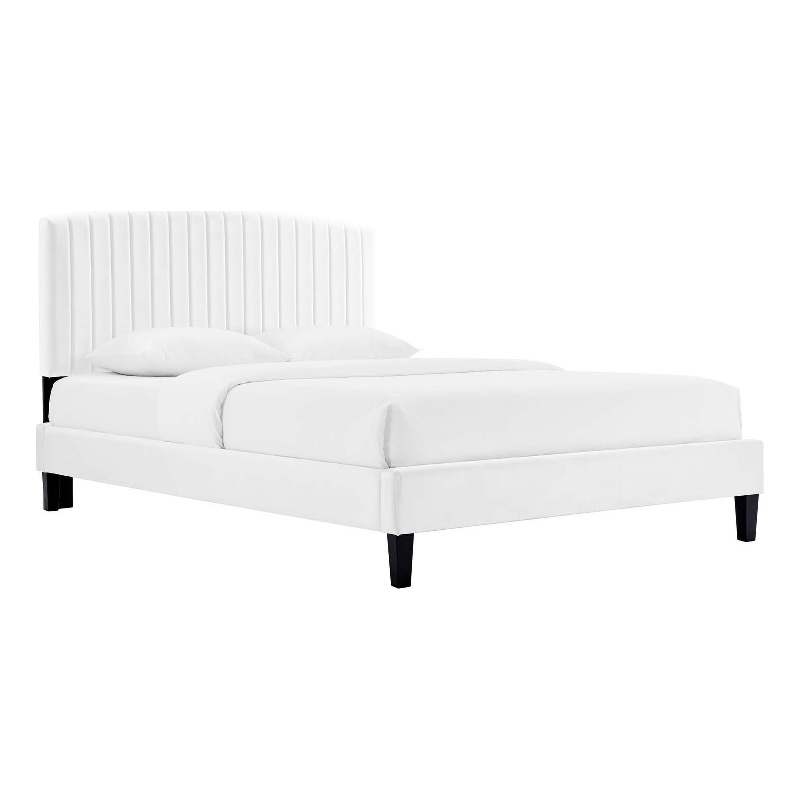 Pemberly Row Full Platform Bed with Channel Tufted Velvet in White