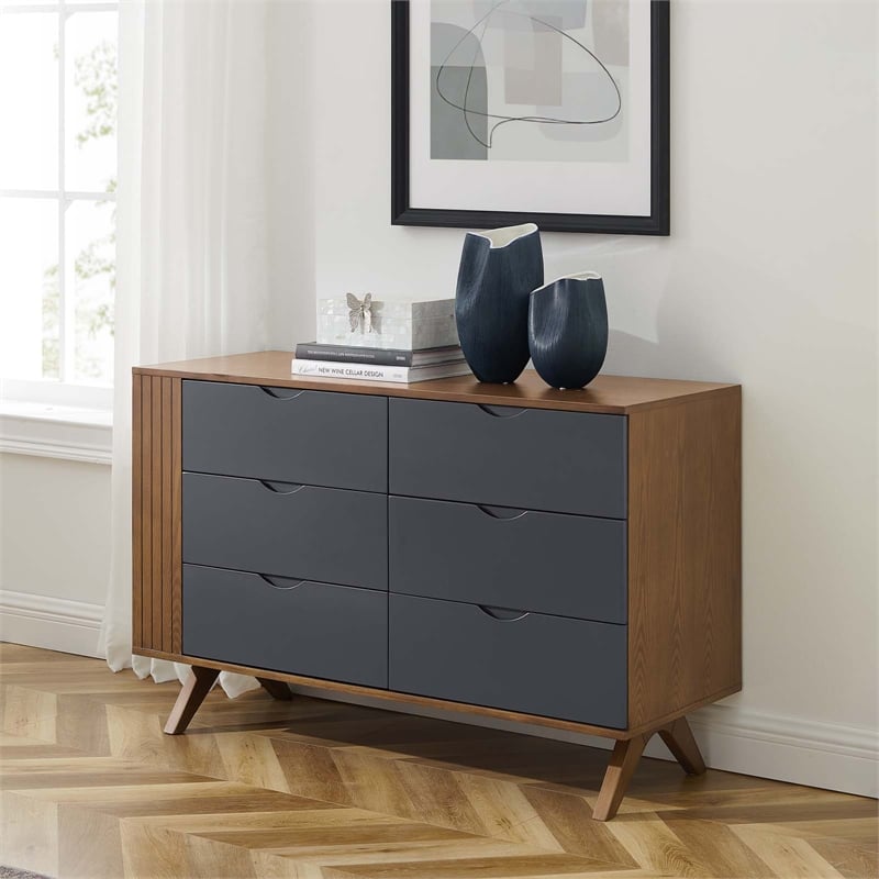 Pemberly Row Modern MDF Wood and Rubberwood Dresser in Walnut Gray