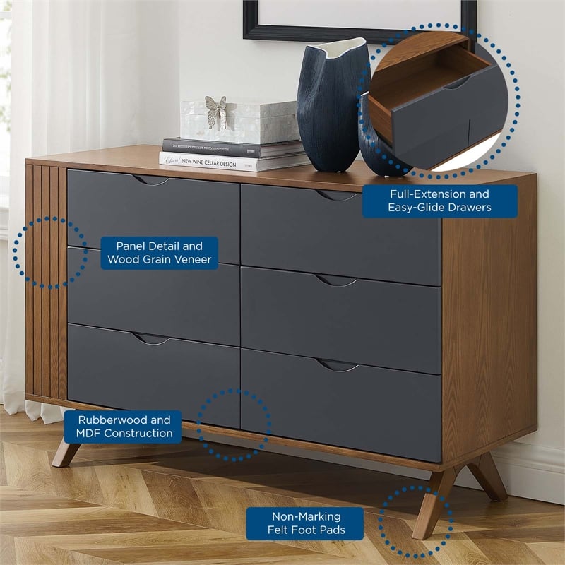 Pemberly Row Modern MDF Wood and Rubberwood Dresser in Walnut Gray